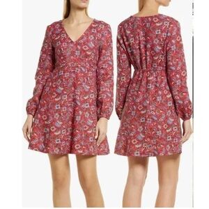 Boden 100% Linen Ditsy Floral ALine Boho Dress VNeck Elastic Bishop Sleeve US 8L